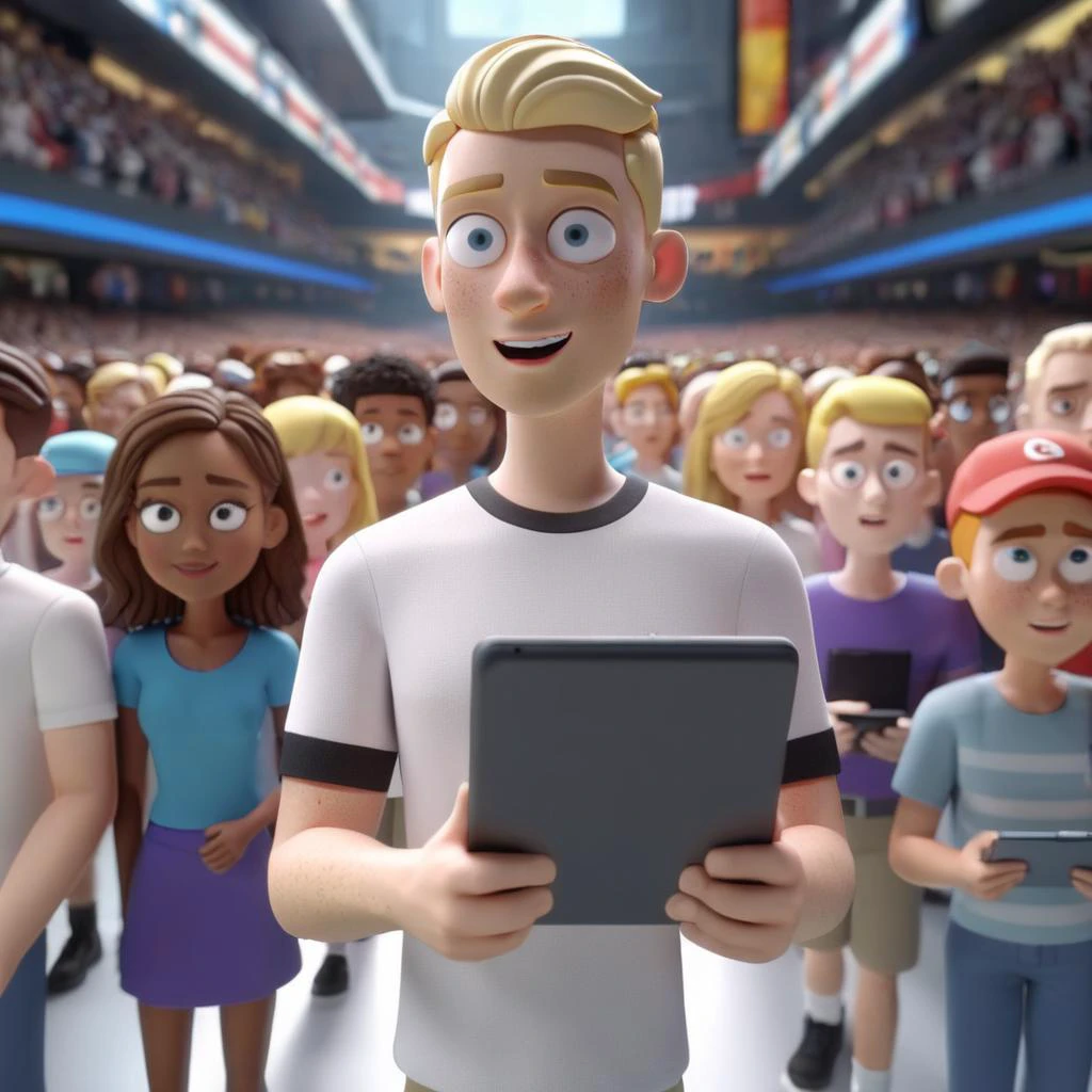 3d, 3d render,a blonde man with freckles wearing t-shirt uniform holding a tablet, crowds in the background,highly detailed, vibrant, production cinematic