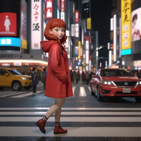 3d, 3d render,redhead woman in a red raincoat, looking at the camera, at a bustling crosswalk in shibuya at night, highly detailed, vibrant, production cinematic