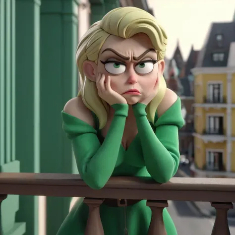 3d, 3d render,grumpy blonde woman wearing green fantasy clothing waiting at a balcony, her hand on her face, ,highly detailed, vibrant, production cinematic