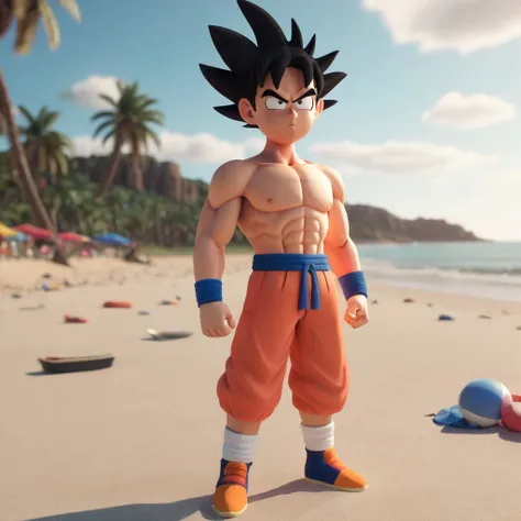 3d, 3d render,a shirtless muscular young goku at the beach,highly detailed, vibrant, production cinematic