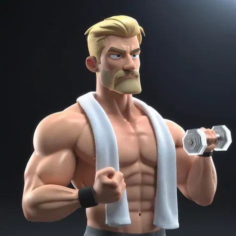 3d, 3d render,a shirtless muscular blonde man with facial hair lifting dumbbell and holding a transparent paper, eye closed, a towel on his shoulder,highly detailed, vibrant, production cinematic