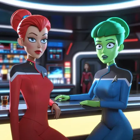 3d, 3d render,a woman wearing red starfleet uniform and a green skin woman wearing blue starfleet uniform at a futuristic bar ,highly detailed, vibrant, production cinematic