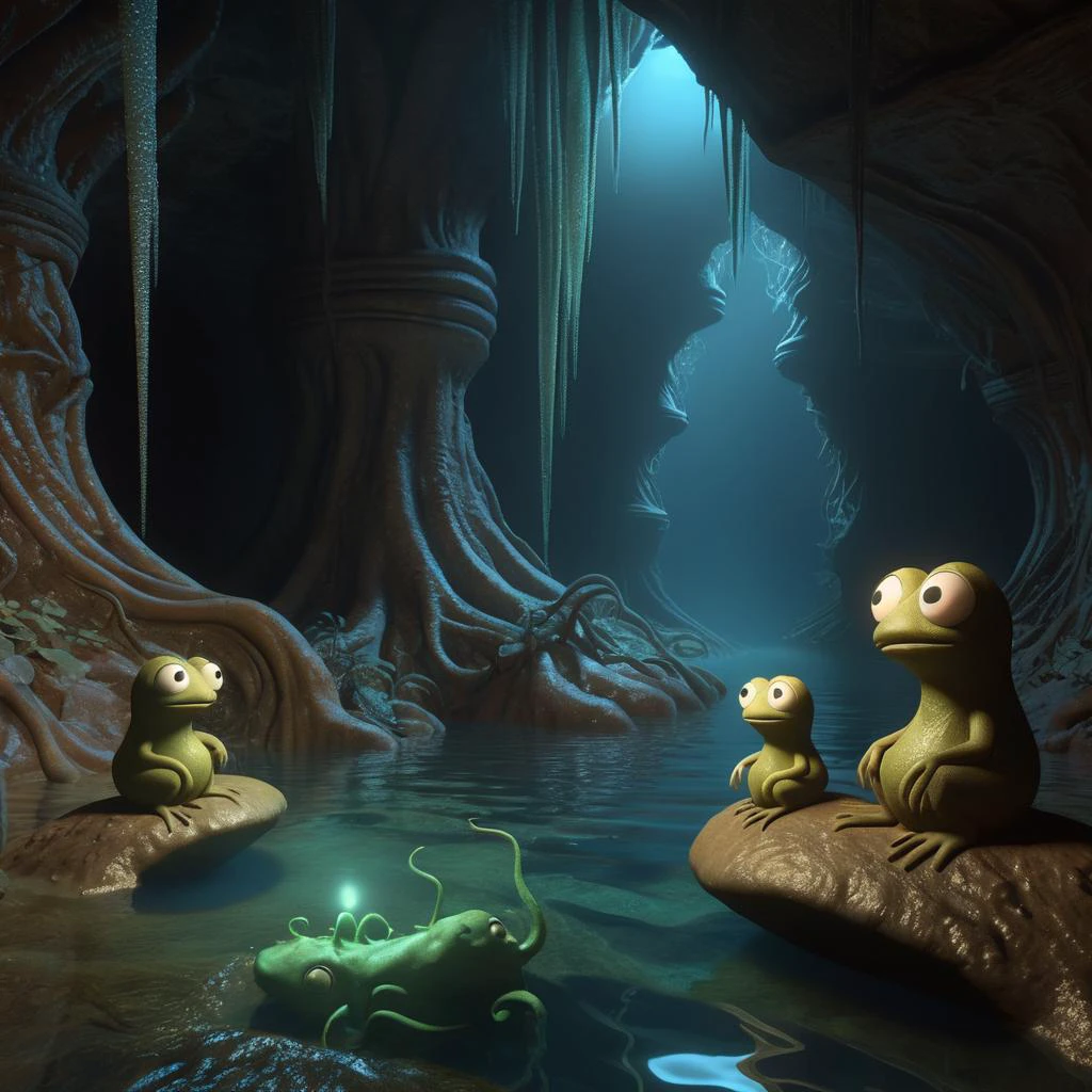 3d, 3d render,, famous artwork by (leo hao:1.2) and (steve argyle:1.1) and (victoria francs:1.3) and (donato giancola:1.4), detailed expressive eyes, fantasy style, deep within a subterranean eggerfroggle on planet new grinflob, the many-mawed puddlegoffler with its many tentacles and iconic long sorbsarbled jubshmurgler lurks, illuminated by bioluminescent fungi while eerie watterlined waters shimmer in the shmuggling snufflepuff <lora:add-detail-xl:2>