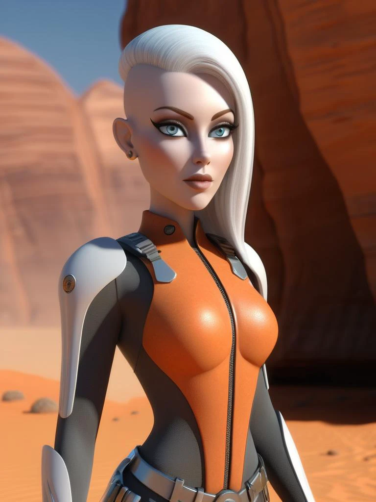 3d, 3d render,<lora:add-detail-xl:1.5>,sci-fi artwork, medium closeup painting of a (futuristic space [Elf|Woman] with short military style hair and pale skin), perfect face, eye focus, wearing tactical leather harness, large breasts, [wide hips], big ass, standing on a desert planet, orange rocks, two suns, oil on board, highly detailed, (by Philippe Druillet and Simon Bisley:1.1) 3d, 3d render,