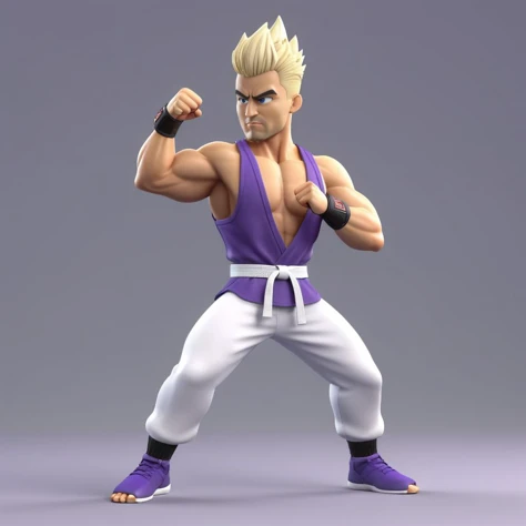 Ultra detailed, masterpiece,a martial artist with spiky blonde hair, muscular, purple tank top and baggy white pants, winding up a fist, fantasy style 3d, 3d render,