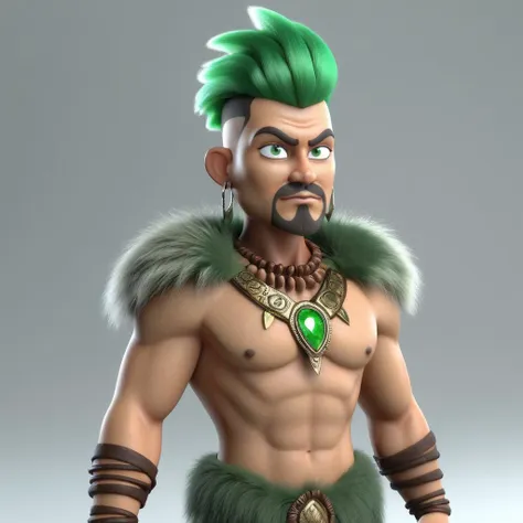 3d, 3d render,, ultra detailed, masterpiece,a savage male with spiky green hair, wearing loin cloth and animal fur shirt, fantasy style 3d, 3d render,