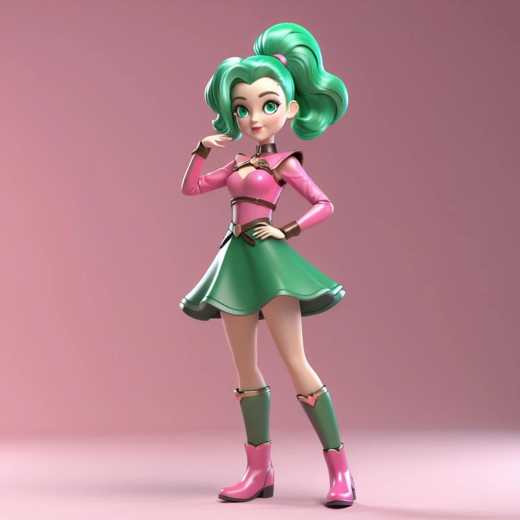 3d, 3d render,, ultra detailed, masterpiece, a magical girl with a green hair in a ponytail, pink dress, leather shoulder pads, leather boots, fantasy style 3d, 3d render,