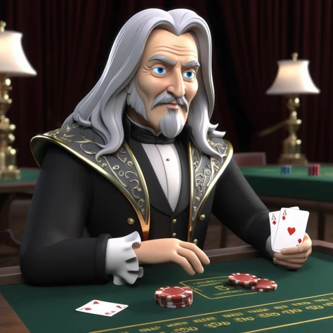 3d, 3d render,, ultra detailed, masterpiece,a gentleman with long straight silver hair, wearing a long fitted black cloak, ruffled shirt, gold trim,at a card table,gambler, fantasy style 3d, 3d render,