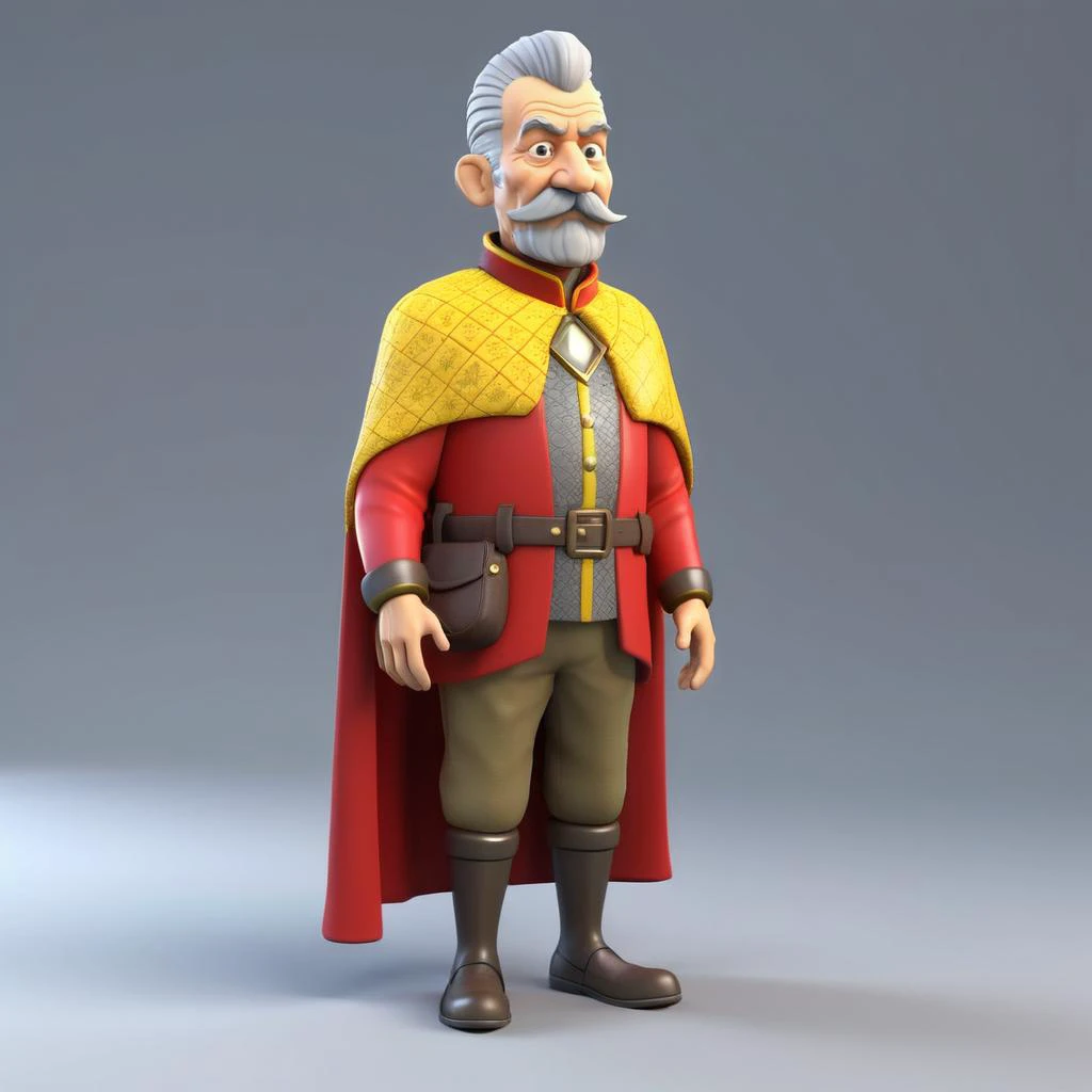 3d, 3d render,, ultra detailed, masterpiece,old man with a grey mohawk and moustache, red and yellow cape with a popped collar, wearing tacky pattern baggy clothing, fantasy style 3d, 3d render,