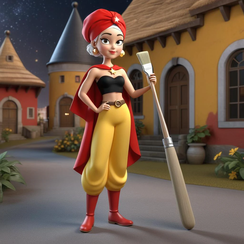 3d, 3d render,, ultra detailed, masterpiece,full body portrait of a young girl standing with short curly blond hair wearing a (red turban with stars), black top, baggy red pants, (holding a oversized paintbrush:1.6), star necklace, (short yellow cape), fantasy style, old timey village background 3d, 3d render,