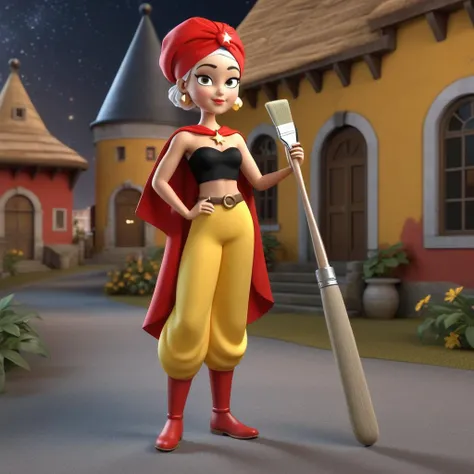 3d, 3d render,, ultra detailed, masterpiece,full body portrait of a young girl standing with short curly blond hair wearing a (red turban with stars), black top, baggy red pants, (holding a oversized paintbrush:1.6), star necklace, (short yellow cape), fantasy style, old timey village background 3d, 3d render,