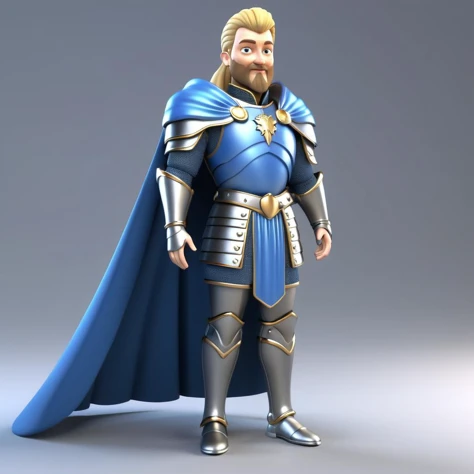 3d, 3d render,, ultra detailed, masterpiece,flirtatious male king with straight blond ponytail, wearing armor with a blue cape, regal, fantasy style 3d, 3d render,