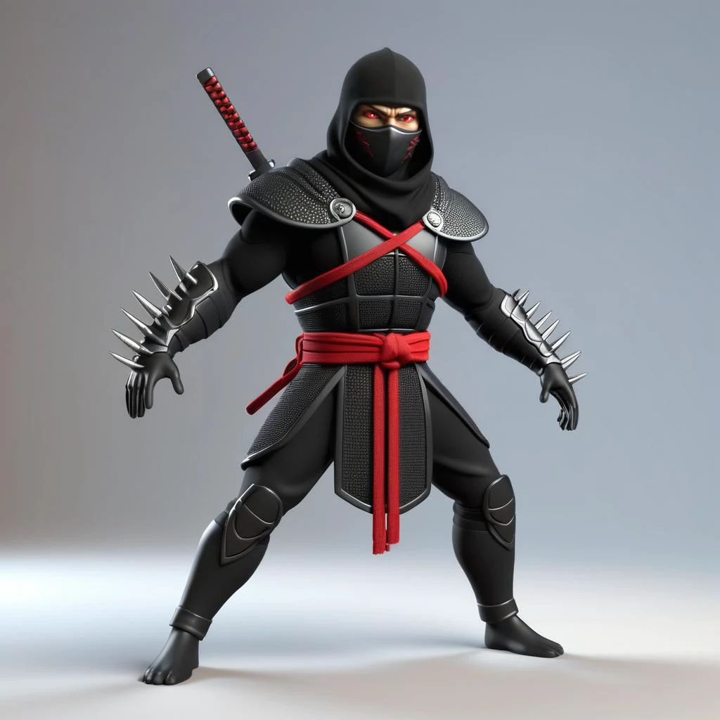 3d, 3d render,, ultra detailed, masterpiece,full body action pose portrait of Shadow, wears a black ninja outfit consisting of spiked shoulderpads, a sash on his waist, and a cowl that conceals his face but for his red eyes, He wears an armored band around his cowl with a crest above his eyes, and two spikes emerge from the sides 3d, 3d render,