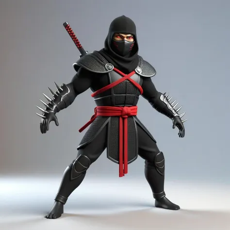 3d, 3d render,, ultra detailed, masterpiece,full body action pose portrait of Shadow, wears a black ninja outfit consisting of spiked shoulderpads, a sash on his waist, and a cowl that conceals his face but for his red eyes, He wears an armored band around his cowl with a crest above his eyes, and two spikes emerge from the sides 3d, 3d render,