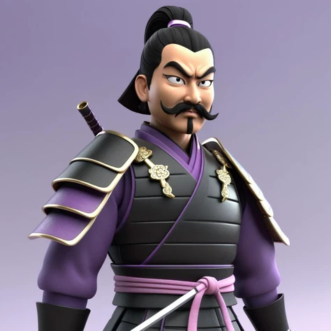 3d, 3d render,, ultra detailed, masterpiece,a samurai with a black ponytail and moustache, purple and black armor, asian, fantasy style 3d, 3d render,