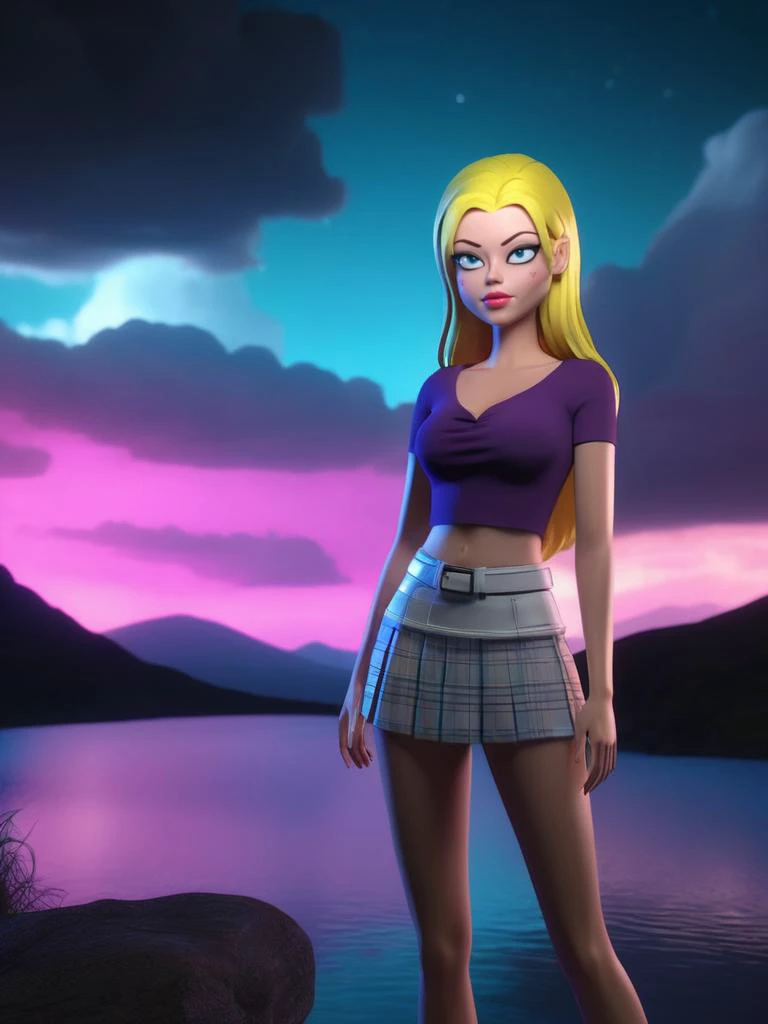 3d, 3d render, Riley Steele|Jesse Jane, bottomless, thick thighs, bent over, pale skin, muscular thick legs, huge thighs, long legs, thick buttocks, very Long blonde flowing hair, soft smile, shirt, pleated miniskirt, night, clouds, lake on the horizon, slope, hill, Fluorescent pigments, vibrant and surreal colors, ethereal glow, otherworldly effects, dynamic and psychedelic compositions, neon aesthetics, transformative in ultraviolet light, contemporary and experimental, highly detailed, vibrant, production cinematic
