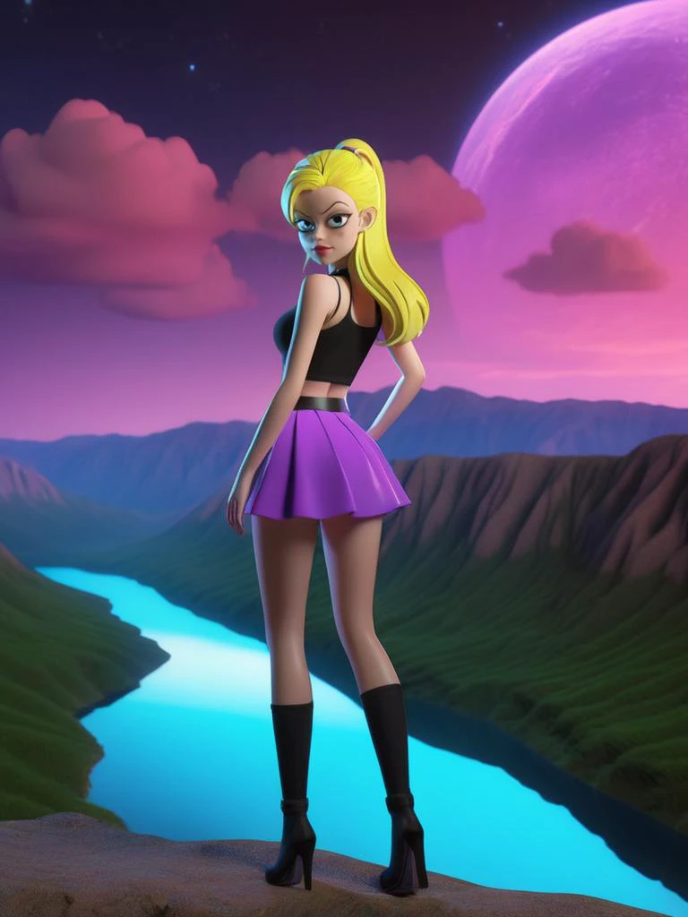 3d, 3d render, Riley Steele|Jesse Jane, bottomless, thick thighs, bent over, pale skin, muscular thick legs, huge thighs, long legs, thick buttocks, very Long blonde flowing hair, soft smile, shirt, pleated miniskirt, night, clouds, lake on the horizon, slope, hill, Fluorescent pigments, vibrant and surreal colors, ethereal glow, otherworldly effects, dynamic and psychedelic compositions, neon aesthetics, transformative in ultraviolet light, contemporary and experimental, highly detailed, vibrant, production cinematic
