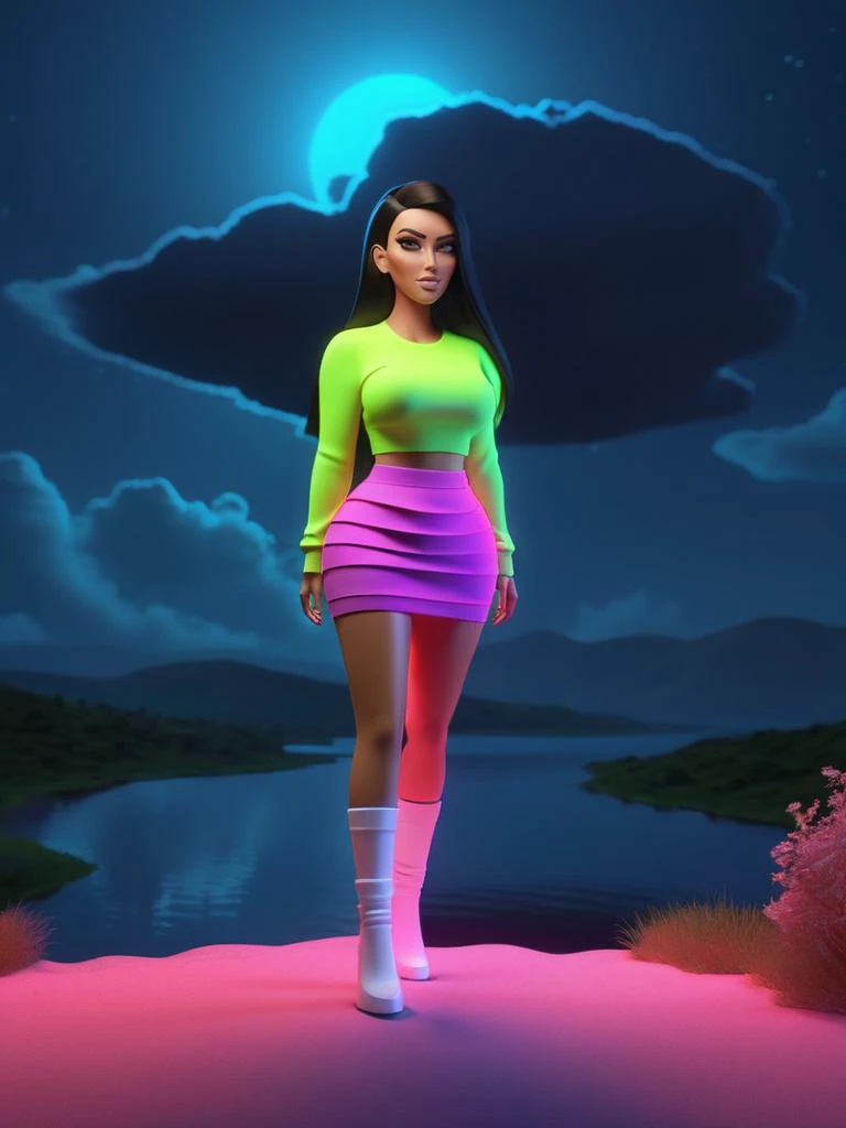 3d, 3d render, Kim Kardashian, (obese:0.2), bottomless, thick thighs, bent over, muscular thick legs, huge thighs, long legs, thick buttocks, very Long flowing hair, soft smile, shirt, pleated miniskirt, night, clouds, lake on the horizon, slope, hill, Fluorescent pigments, vibrant and surreal colors, ethereal glow, otherworldly effects, dynamic and psychedelic compositions, neon aesthetics, transformative in ultraviolet light, contemporary and experimental, highly detailed, vibrant, production cinematic