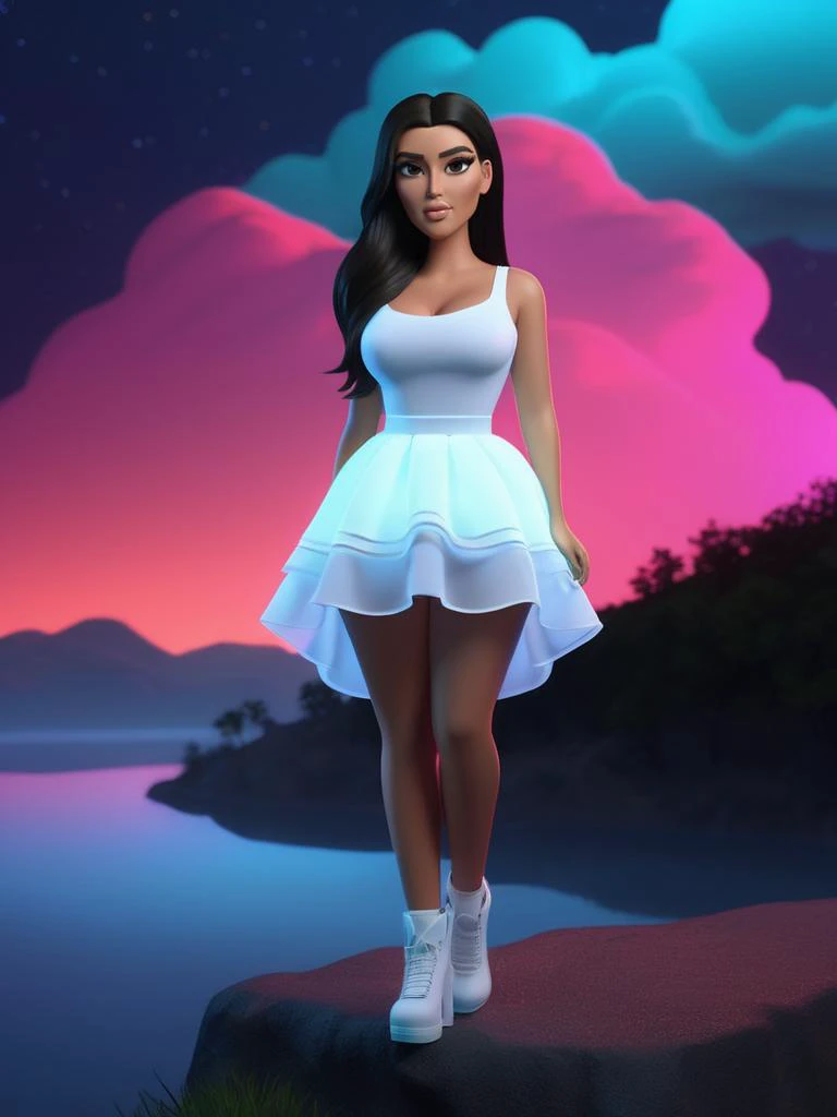 3d, 3d render, Kim Kardashian, (obese:0.2), bottomless, thick thighs, bent over, muscular thick legs, huge thighs, long legs, thick buttocks, very Long flowing hair, soft smile, shirt, Sweet Mini Dress with silk petticoat, night, clouds, lake on the horizon, slope, hill, Fluorescent pigments, vibrant and surreal colors, ethereal glow, otherworldly effects, dynamic and psychedelic compositions, neon aesthetics, transformative in ultraviolet light, contemporary and experimental, highly detailed, vibrant, production cinematic