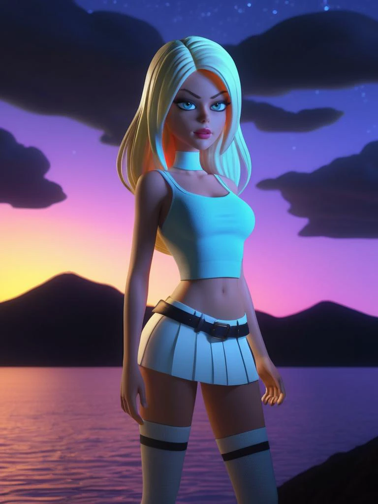 3d, 3d render, Riley Steele|Jesse Jane, bottomless, thick thighs, bent over, pale skin, muscular thick legs, huge thighs, long legs, thick buttocks, very Long blonde flowing hair, soft smile, shirt, pleated miniskirt, night, clouds, lake on the horizon, slope, hill, Fluorescent pigments, vibrant and surreal colors, ethereal glow, otherworldly effects, dynamic and psychedelic compositions, neon aesthetics, transformative in ultraviolet light, contemporary and experimental, highly detailed, vibrant, production cinematic