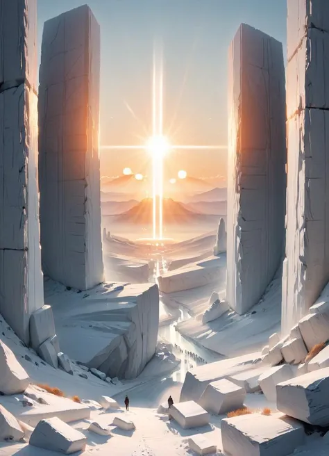 concept art <lora:FF-Style-Astigmatism-1.0.LORA:1> astigmatism Style, (by Jonas Lie:1.0) , concept art, majestic, landscape of a light scene from inside of a White Monoliths, at Sunset, soft lighting, 80mm, astigmatism . digital artwork, illustrative, painterly, matte painting, highly detailed