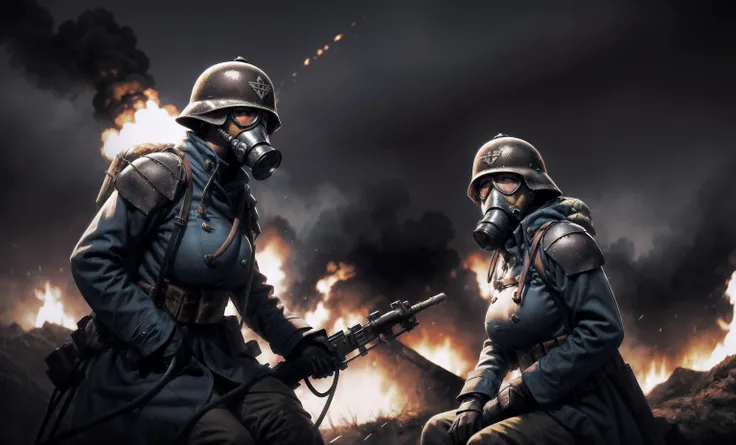 There was a man wearing a gas mask and gas mask holding a rifle, soldier with a gasmask, wojtek fus, wearing gas masks, Gas masks, Gas masks, Wearing a gas mask, Gas masks, attack zombie during worldwar 2, dieselpunk armor, estilo de arte dieselpunk, hearts of iron portrait, dieselpunk atmosphere, Wear a gas mask helmet