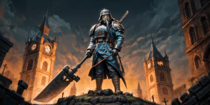 Generate a stunning art style, a true [masterpiece] [best quality] of art. The image showcases [detailed linework], [dynamic shading], and [dramatic lighting], bringing to life a [dreading atmosphere, grim dark coloures] . In the background a [gothic hive spire city, warhammer 40k] is to be seen in [grand:1.8, high-scale:1.8, panorama:1.8]  from  [from below].
dkok, solo is [full body view, standing, from from above ] in front of the edge of a tower.  He is wearing a[stunning  armor, gas mask].  He is holding a[shovel ].
<lora:more_details:1> <lora:DKOK:0.7>