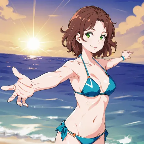masterpiece,high quality,ultra high definition,solo,
<lora:Nii001:0.7>,looking at viewer,smile,open arm,
nii,1girl,
short hair,brown hair,green eyes,
bikini,ocean,beach,sunshine,
evening,sunset,wind,