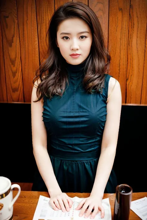 best quality, ultra high res, (photorealistic:1.4),  masterpiece, Kodak portra 400, film grain,blurry background ,indoors,1girl, sleeveless turtleneck, (busty), ((huge breasts)), large breasts, (brown long hair:1.3), (looking at viewer), (full body), (closeup)  <lora:chinesedollidolv1:0.9>