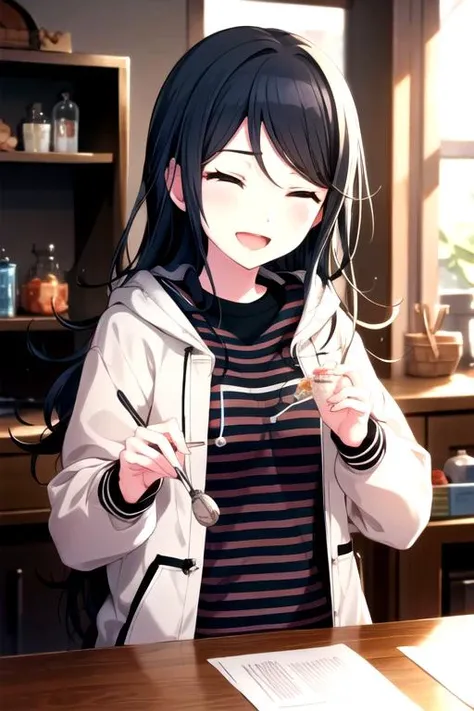 <lora:Ichika3rd-06:0.7> , ichika3rd, smile, open mouth, shirt, long sleeves, holding, jacket, closed eyes, upper body, :d, food, open clothes, striped, indoors, hood, blurry, coat, black shirt, depth of field, blurry background, ^_^, table, happy, hood down, bottle, box, facing viewer, lens flare, light blush, striped shirt, dot nose, balloon, shelf, bokeh, jar, shop, counter, soda bottle
