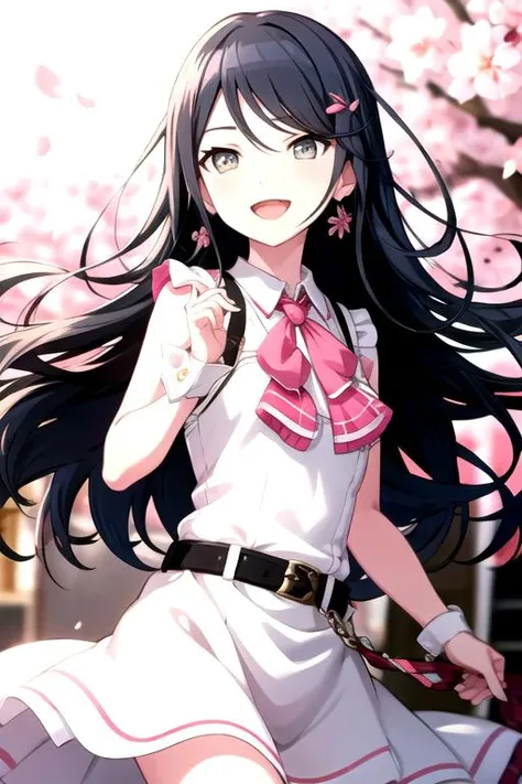 <lora:Ichika3rd-06:0.7> , ichika3rd, looking at viewer, smile, open mouth, hair ornament, dress, bow, ribbon, holding, hair between eyes, bare shoulders, brown eyes, jewelry, standing, flower, :d, cowboy shot, earrings, outdoors, frills, sleeveless, day, hairclip, shiny, belt, white dress, blurry, shiny hair, tree, fingernails, wrist cuffs, plaid, bare arms, petals, ascot, dutch angle, neck ribbon, floating hair, sleeveless dress, depth of field, blurry background, happy, sunlight, wing collar, cherry blossoms, wind, buckle, pink flower, tsurime, headset, backlighting, light blush, black belt, belt buckle, dot nose, collared dress, red ascot, pink theme, loose belt, spring (season)