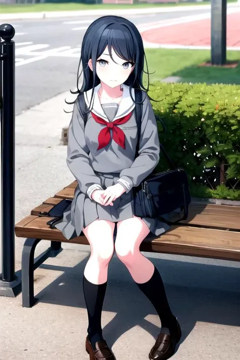 <lora:Ichika3rd-06:0.7> ,  ichika3rd, skirt, shirt, long sleeves, holding, sitting, closed mouth, school uniform, full body, pleated skirt, outdoors, sky, shoes, serafuku, day, socks, sailor collar, bag, black footwear, sweater, tree, blue sky, neckerchief, kneehighs, shadow, sunlight, black socks, loafers, building, grey shirt, red neckerchief, grey skirt, school bag, white sailor collar, knees together feet apart, sign, fence, dot nose, road, bench, bush, wide shot, grey sweater, chain-link fence, swing, park