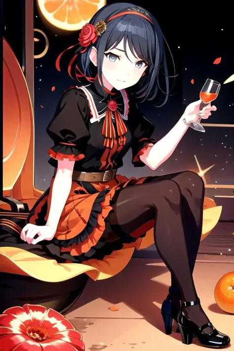 <lora:Ichika3rd-06:0.7> ,ichika3rd, looking at viewer, short hair, long sleeves, dress, jewelry, sitting, flower, pantyhose, hairband, food, shoes, striped, puffy sleeves, belt, black footwear, black dress, high heels, cup, black pantyhose, sparkle, fruit, rose, arm support, bottle, tiara, juliet sleeves, red flower, gem, hair over shoulder, light particles, vertical stripes, finger to mouth, alcohol, drinking glass, minigirl, red rose, brown dress, oversized object, orange (fruit), orange slice, whiskey