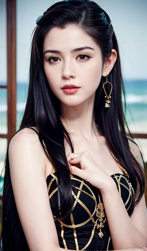naked,masterpiece, best quality, 1girl, aqua eyes, black hair, closed mouth, multicolored background, looking at viewer, outdoors, solo, upper body, alluring, clean, beautiful face, pure face, pale skin, sexy pose,long hair, ((perfect female figure)), mature female, milf, narrow waist, chinese deity, seductive, highly detailed,best quality, masterpiece, highres, original, extremely detailed 8K, wallpaper, masterpiece, best quality, illustration, beautifully detailed eyes, cinematic lighting,<lora:hankizOmar_v10:0.8>