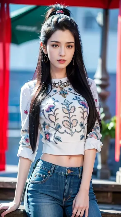 best quality,8k,ultra highres,mastrepiece,1girl,ultra beautiful face,extremly detailed face and eyes,,1girl,solo,aqua eyes,black hair, closed mouth, multicolored background, looking at viewer, outdoors, solo, alluring, clean, beautiful face, pure face, pale skin, sexy pose,((shirts,skinny jeans)), long hair, ((slender figure)),narrow waist,highly detailed,best quality, masterpiece, highres, original, extremely detailed 8K, wallpaper, masterpiece, best quality, illustration, beautifully detailed eyes, cinematic lighting, earrings, jewelry, <lora:hankizOmar_v10:0.8>