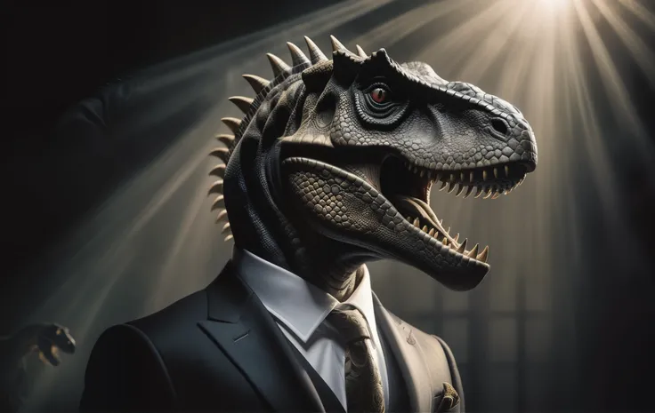 (macabre style dinosaur wearing a suit . dark, gothic, grim, haunting, highly detailed( Ultra realistic, Intricate, awesome ultra high resolution photography, (technical showcase:1.5)), (Cinematic lighting,Chiaroscuro,Sun Rays,Best quality,Pixabay,kaleidoscopic,Kodak gold 200,soft focus,F/8, masterpiece,)