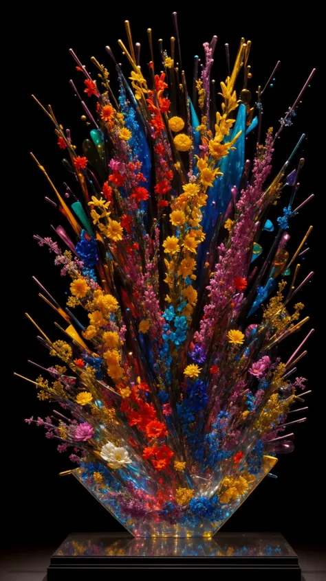 a colorful glass sculpture with a black background, explosion of colorful flowers, mark brooks detailed, bright explosion, lacking in three-dimensionality, swirling fluid, glazing, precisionism, chris haas and bernini, dichromatism