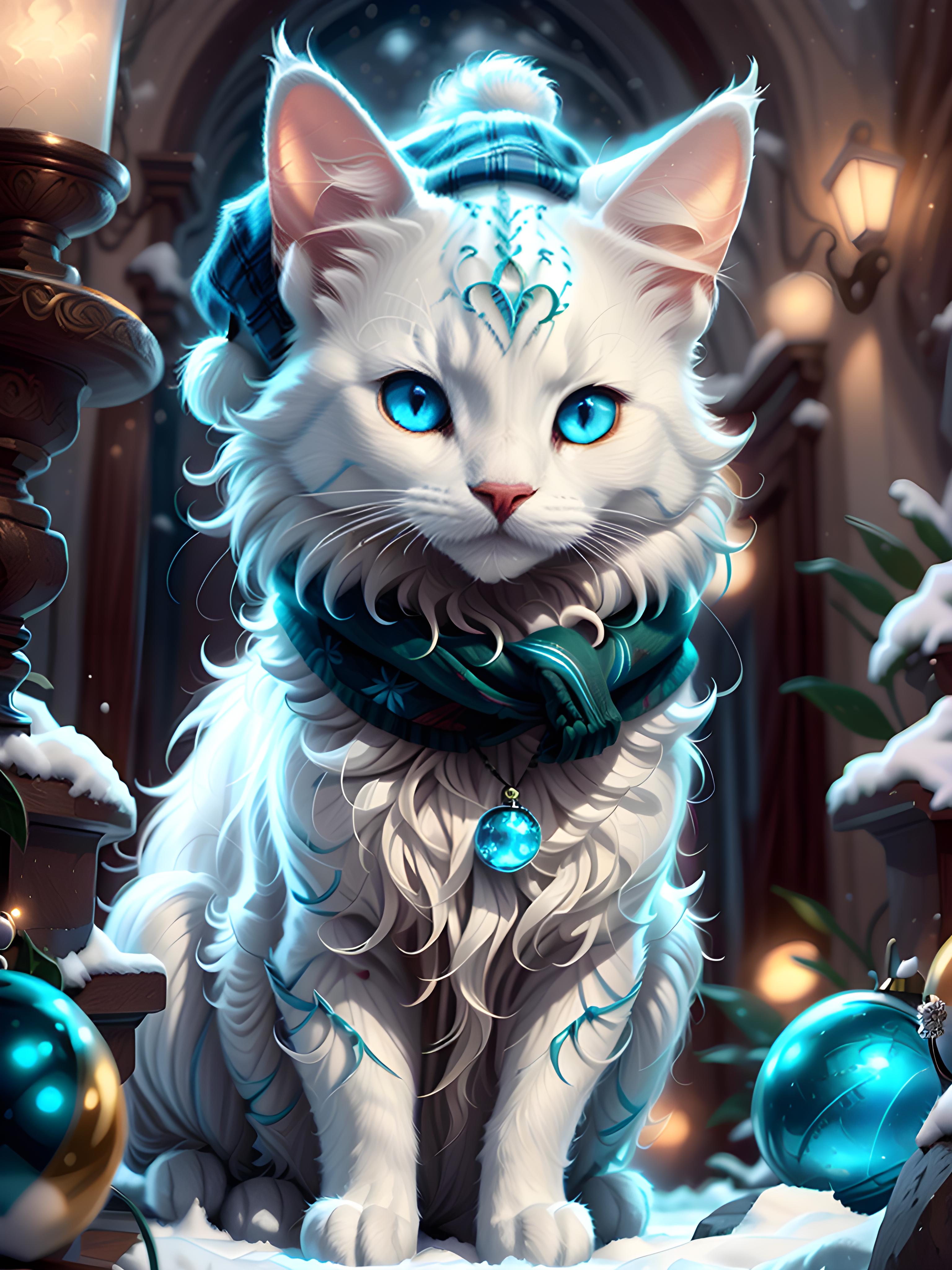 A close up of a cat with blue eyes sitting in the snow - SeaArt AI