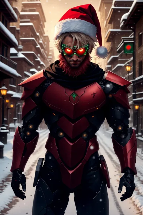 winter (nature:1.2), red sci-fi armor, santa (dress:1.2), (santa:1.4), male, cyborg