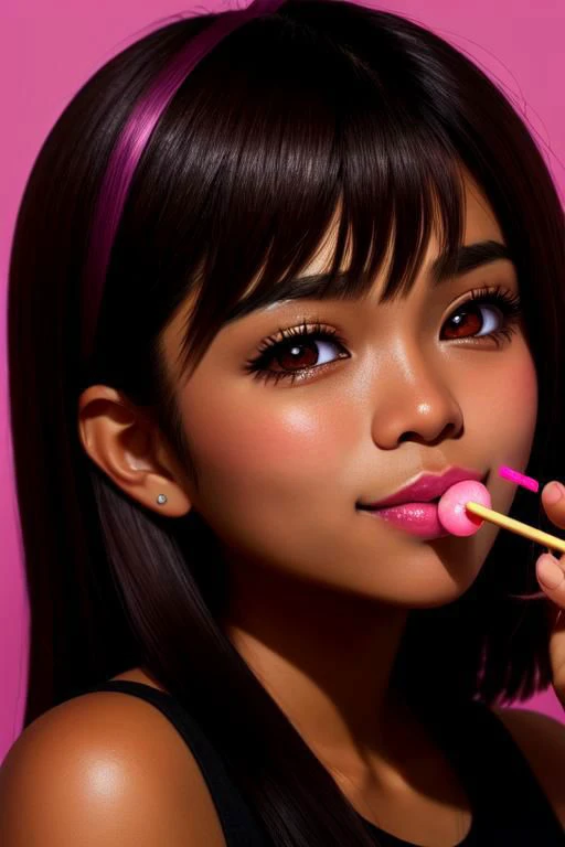 DSLR photo of a Filipina woman eating lollipop,cute,brown skin,dark-skinned female,age 20-years-old,looking at viewer,soft pink lips,beautiful hazel eyes,dimples,medium length black hair,detailed camera close-up