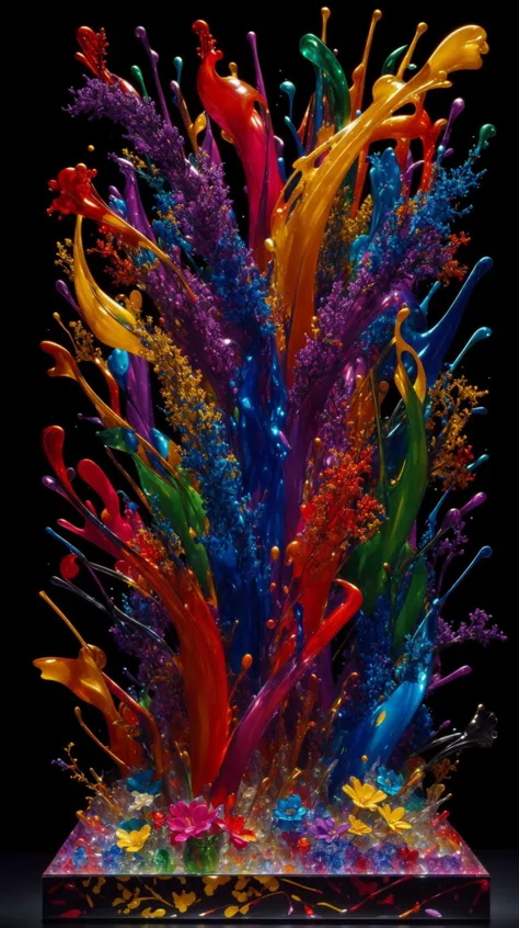 a colorful glass sculpture with a black background, explosion of colorful flowers, mark brooks detailed, bright explosion, lacking in three-dimensionality, swirling fluid, glazing, precisionism, chris haas and bernini, dichromatism
