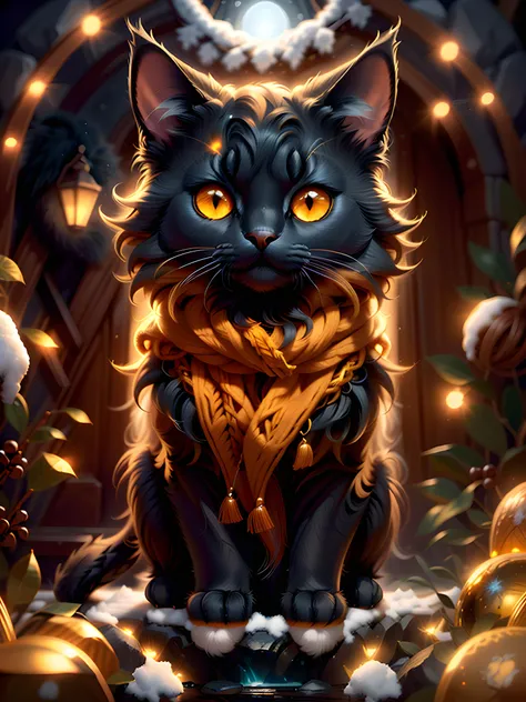 black cat++, (yellow eyes)++, snow, (warm scarf)+, snowflakes, (bobble hat)+, Christmas tree, outdoors+, Golden hour, dynamic colors, beautiful, 32k, uhd, 16k+, best quality, masterpiece, very beautiful, perfectionism, max detail, soft shadows, vibrant, insanely detailed, expressive, perfect, intricate details, sharp focus, ultra detailed, cinematic, movie still, celestial, crystalline, volumetric lighting, caustics, octane render, absurdres, natural wonder, expressive, nice looking, dramatic, blender, atmospheric, HDR, amazing detail <lora:warmcats-1.2:0.9> <lora:nlc_orange:0.5><lora:rMadArt3_NoiseOffset:0.5><lora:hotarublur_v100:0.35><lora:depth_of_field_slider_v1:-0.5> <lora:frowning1.1_:0.35>