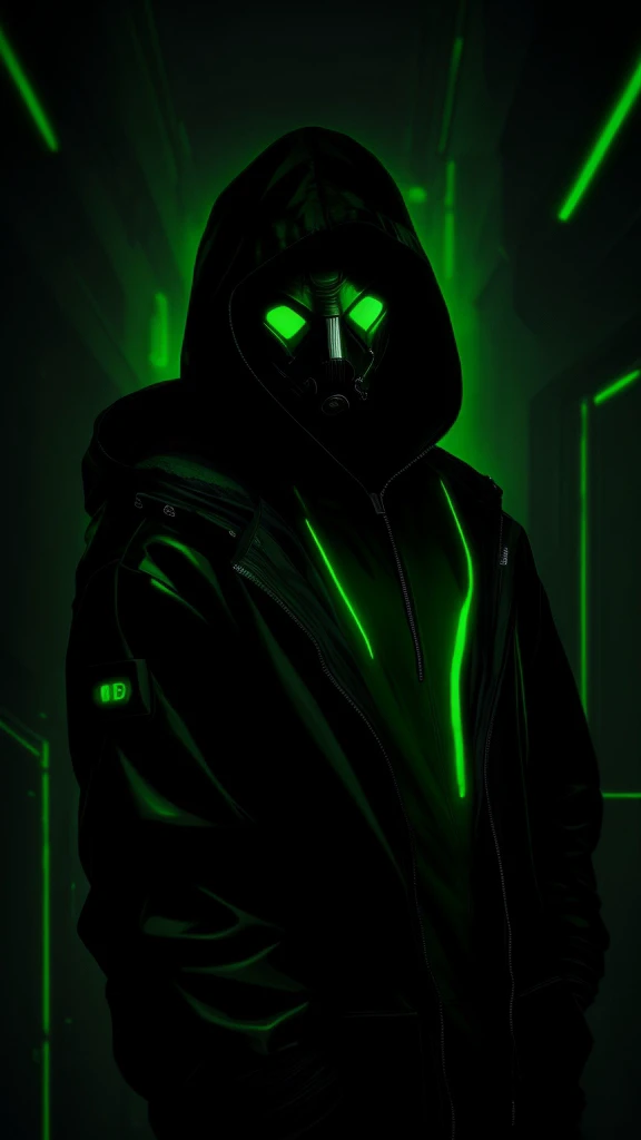 a man in a hooded jacket and mask in a green background with lights on his face and a green glow on his face, Eddie Mendoza, green, cyberpunk art, sots art