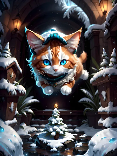 ginger cat, snow, warm scarf, snowflakes, bobble hat, Christmas tree, dynamic colors, beautiful, 32k, uhd, 16k+, best quality, masterpiece, very beautiful, perfectionism, max detail, soft shadows, vibrant, insanely detailed, expressive, perfect, intricate details, sharp focus, ultra detailed, cinematic, movie still, celestial, crystalline, volumetric lighting, caustics, octane render, absurdres, natural wonder, expressive, nice looking, dramatic, blender, atmospheric, HDR, amazing detail <lora:warmcats-1.2:0.9> <lora:nlc_blue:0.5><lora:rMadArt3_NoiseOffset:0.5><lora:hotarublur_v100:0.35><lora:depth_of_field_slider_v1:-0.5>