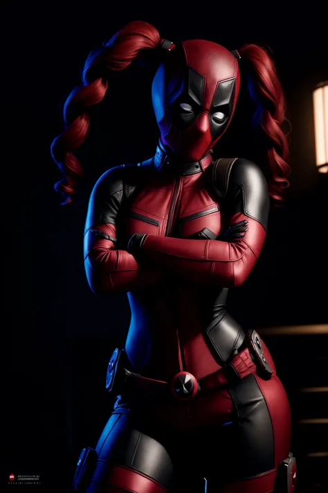 Hyperrealistic art a cosplay girl deadpool character with his arms crossed and his hands crossed in front of him, with his arms crossed, Bradley Walker Tomlin, 4k uhd image, a character portrait, antipodeans . Extremely high-resolution details, photographic, realism pushed to extreme, fine texture, incredibly lifelike