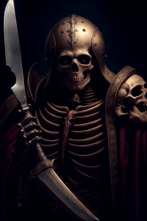 Hyperrealistic art a skeleton with a helmet and a large knife in it's hands and arms, with a large knife in the other hand, Brom, body horror, a character portrait, sots art . Extremely high-resolution details, photographic, realism pushed to extreme, fine texture, incredibly lifelike