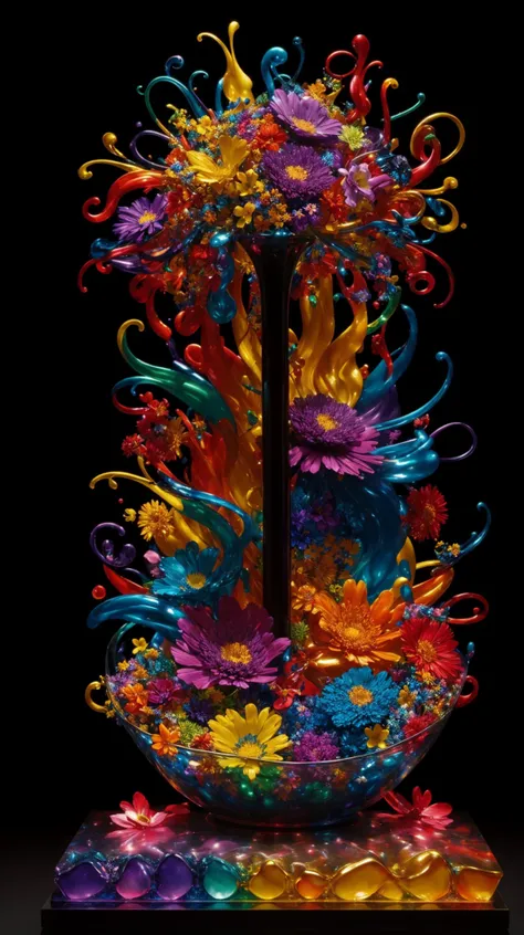 a colorful glass sculpture with a black background, explosion of colorful flowers, mark brooks detailed, bright explosion, lacking in three-dimensionality, swirling fluid, glazing, precisionism, chris haas and bernini, dichromatism