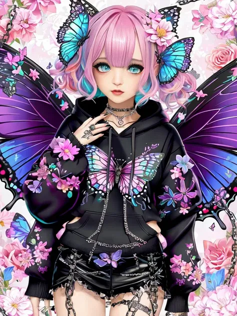 cute fairy, wings, flowers in background, intricate details, colorful, butterflies <lora:edgPastelHoodies:0.8> edgPastelGoth, hoodie ,  chain skirt, wearing edgPastelGoth