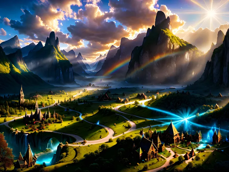 fantasy, rainbow valley, (elven village)++, hyperrealistic, beautiful, 32k, uhd, 16k+, 64K, best quality, masterpiece, very beautiful, perfectionism, max detail, soft shadows, expressive, perfect, intricate details, sharp focus, ultra detailed, cinematic, movie still, celestial, crystalline, volumetric lighting, caustics, absurdres, natural wonder, expressive, nice looking, dramatic, atmospheric, HDR, amazing detail, Otherworldly, dreamy, aesthetic, ethereal, ultra high resolution, Sunlight, Crepuscular rays, Techniscope, creationmagic, ethereal creation, particles stream <lora:nlc_blue:0.75><lora:CreationMagic-21:0.25><lora:Ghibli_v4:0.5>