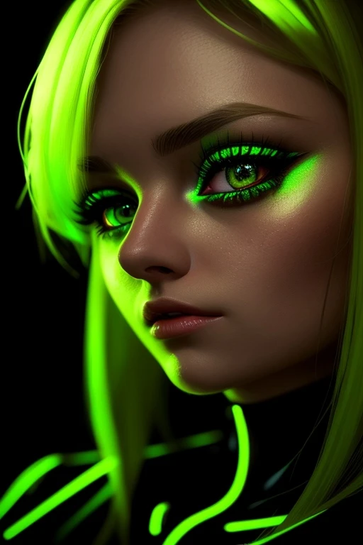 a woman, portrait, blonde, eyes green , neon, realistic